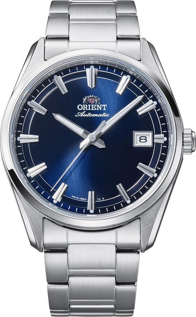 A close-up studio shot of a men's wristwatch with a blue dial and silver metal band.