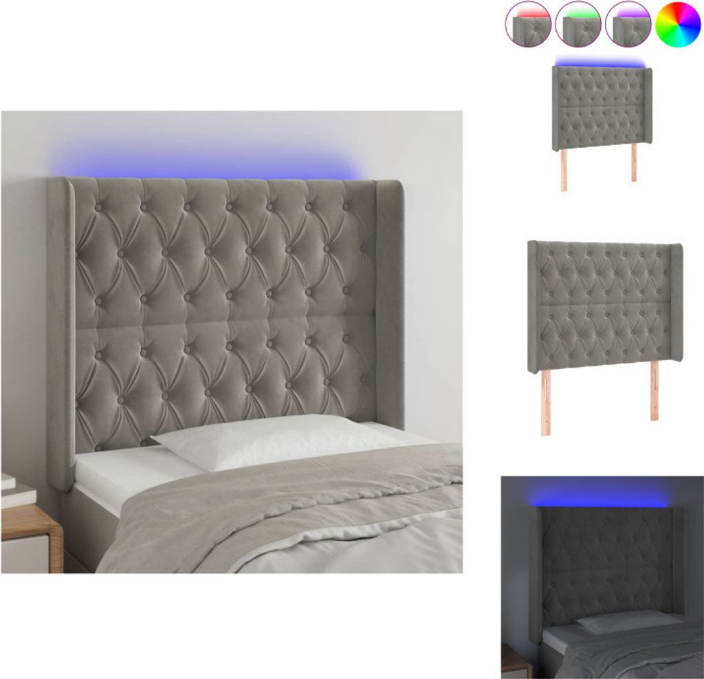 vidaXL LED Kopfteil Hellgrau 103x16x118/128 cm Samt - Kopf- & Fußenden