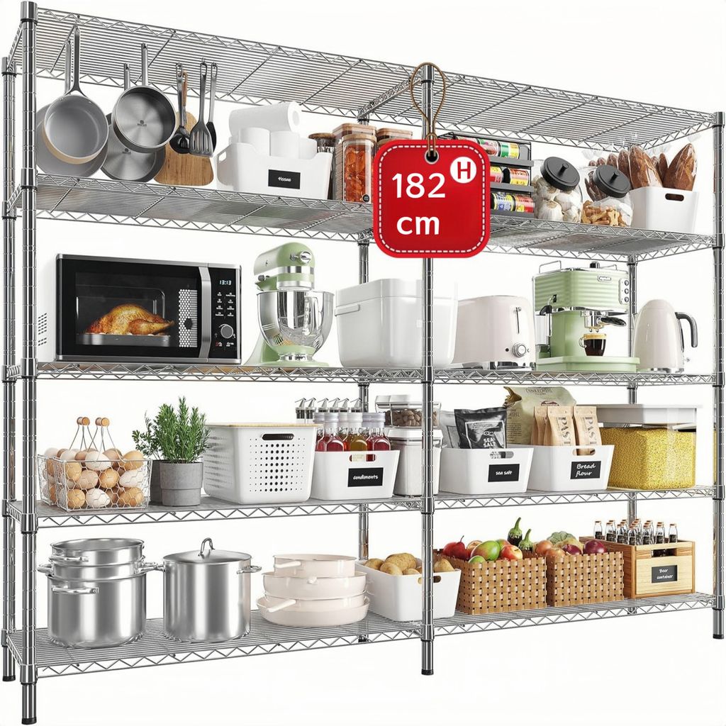 A multi-tiered metal shelving unit filled with kitchen appliances and food items.