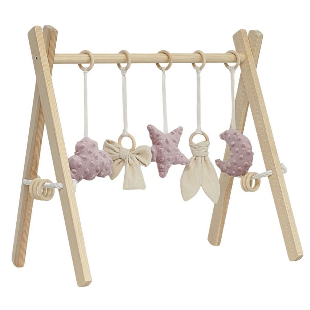 LuMali Baby Gym mit 5 Spielzeugen, Spielbogen Klappbar 41x58x49 cm Naturholz , Baby Spielzeug, , Holzspielzeug anhänger , Montessori, Spieltrapez,...