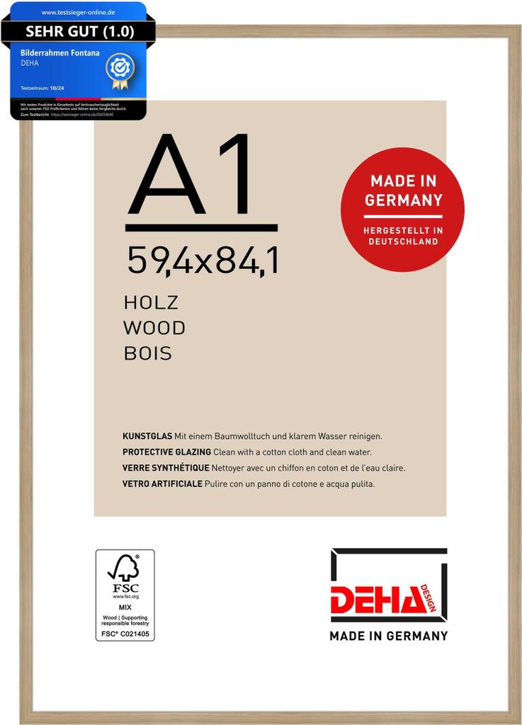 DEHA Design Holz Bilderrahmen Fontana, 59,4x84,1 cm (A1), Eiche