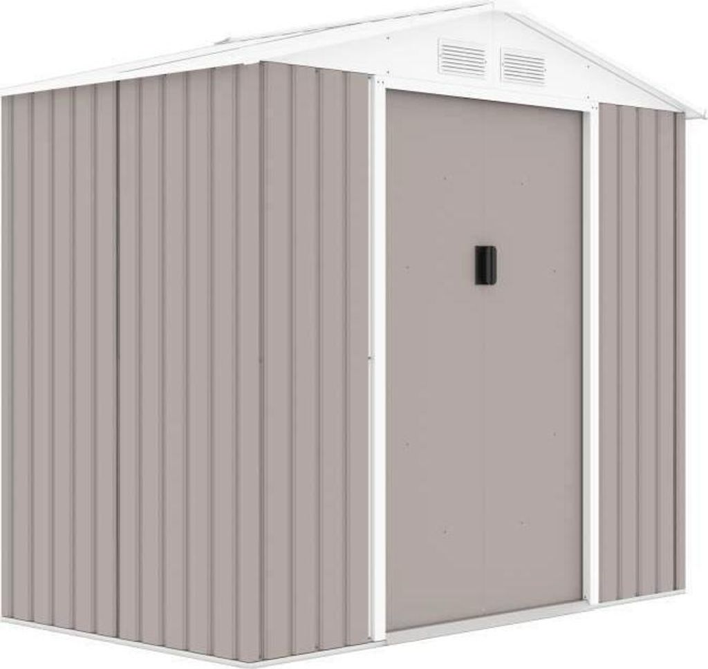 Gartenhaus Metall PLUTON, 2,71 m², 213 x 127 x 195 cm, Inklusive Verankerungssatz, 2 Schiebetüren, Taupe