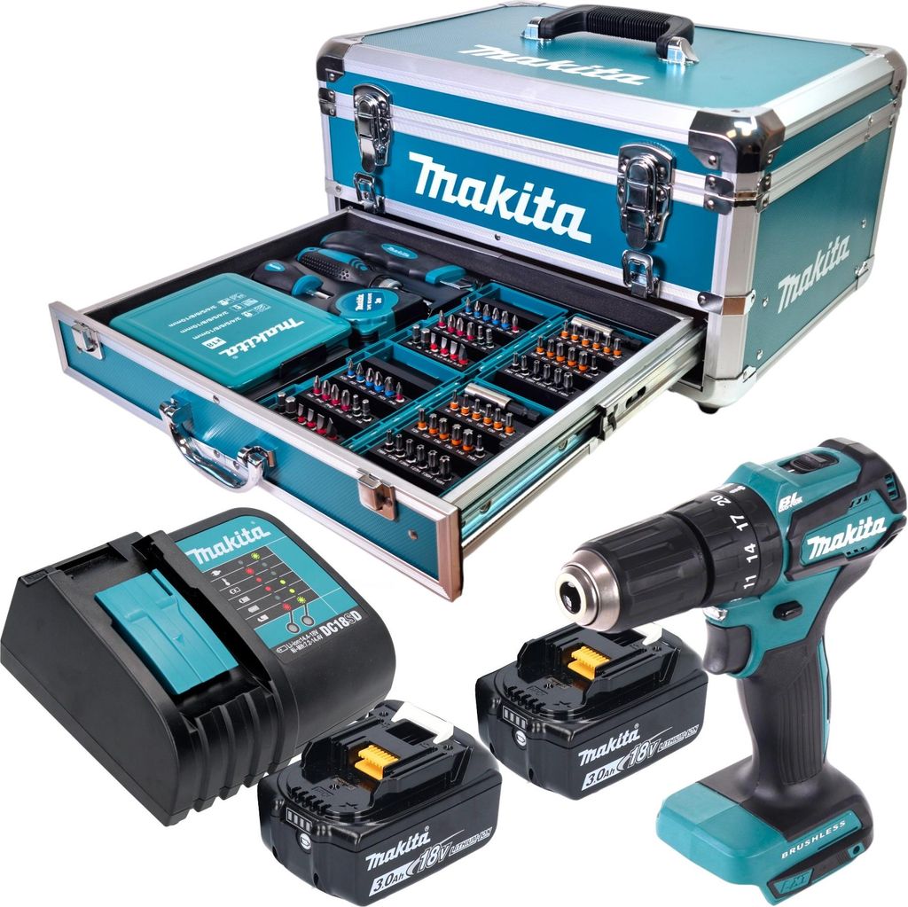 Makita DHP 483 SFX9 Akku Schlagbohrschrauber 18 V 40 Nm Brushless + 2x Akku 3,0 Ah + Ladegerät + 96 tlg. Zubehör Set + Koffer