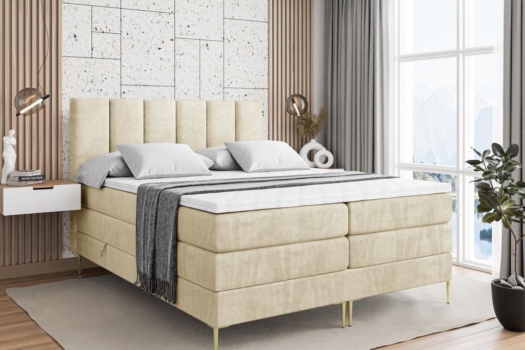 ALTDECOR Boxspringbett mit Gold Füßen, Matratze und Lattenrost, Topper, Polsterbett mit Bettkasten, Bett mit Stauraum H3- und H4- Matratze, Doppe...