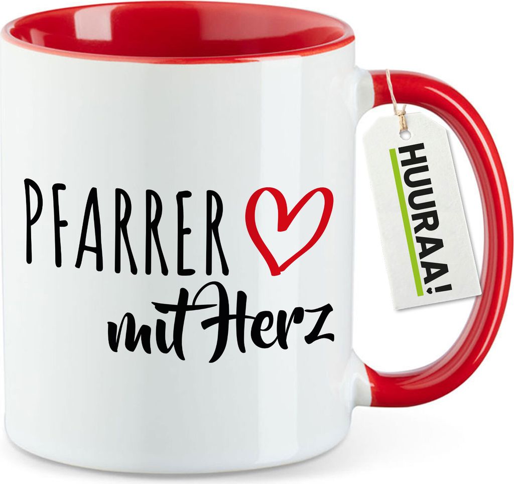 Huuraa Kaffeetasse Pfarrer mit Herz 330ml Rot Keramik Kaffeebecher Geschenkidee