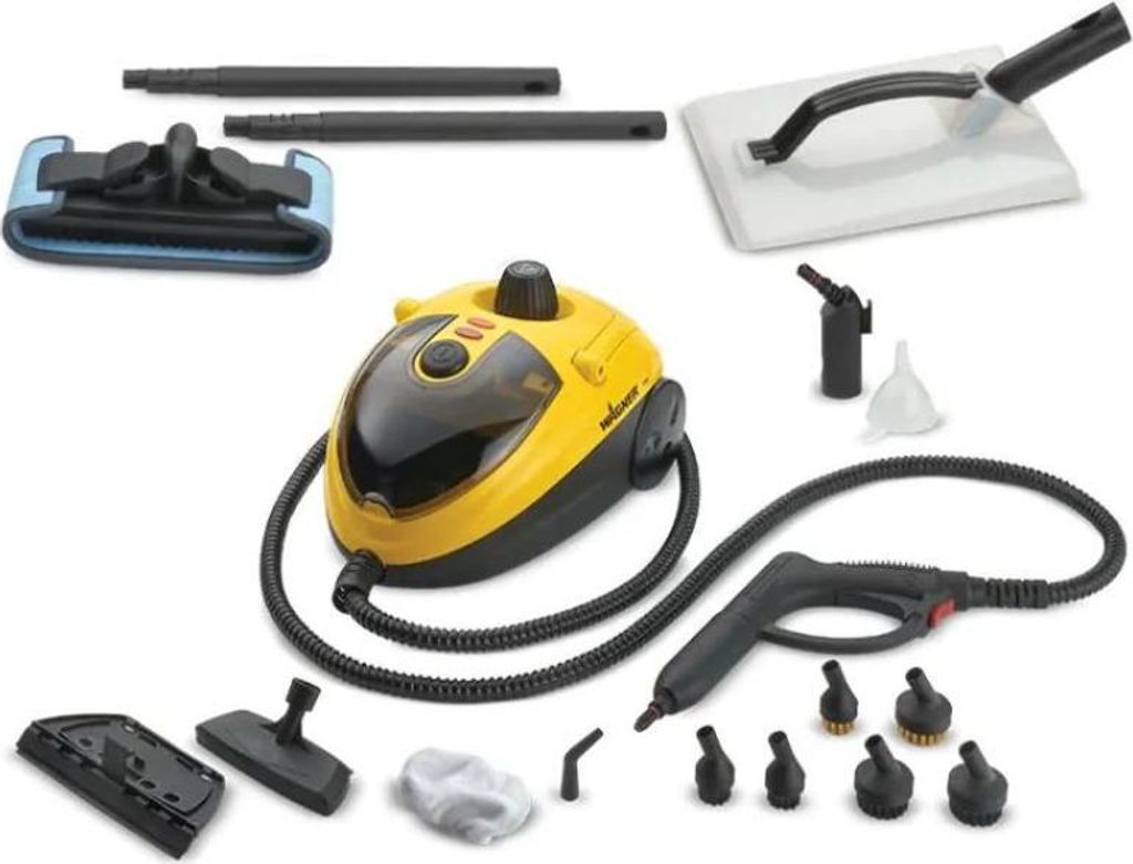 A collection of steam cleaner accessories and the main unit are laid out on a white background.