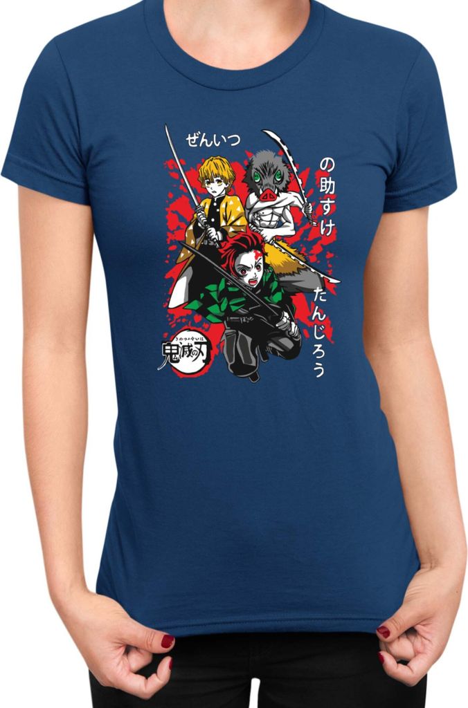 Damen T-Shirt Demon Anime Slayer Kimetsu No Yaiba Tanjiro Zenitsu Inosuke 002, Lady S / Dunkelblau