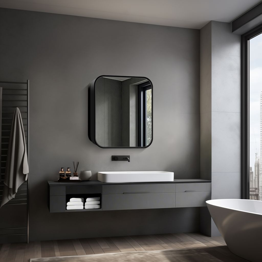 Spiegelschrank mit Beleuchtung Talos Black Nova 60x70 cm schwarz - Spiegelschrank Bad mit 2 Ablageflächen - Aluminium - Rückwand verspiegelt