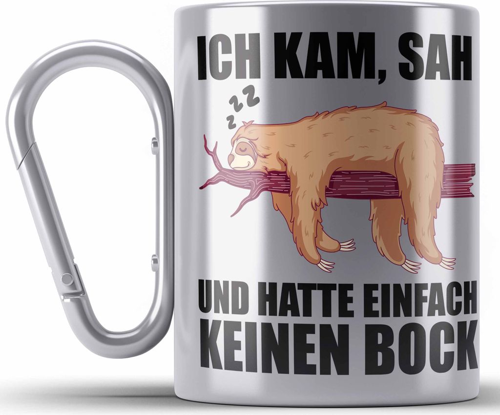 Trendation - Faultier Edelstahl Tasse Karabiner mit Spruch Geschenk Arbeitskollege Kollege Karabiner Edelstahl Tasse Karabiner Edelstahl Büro (Sil...
