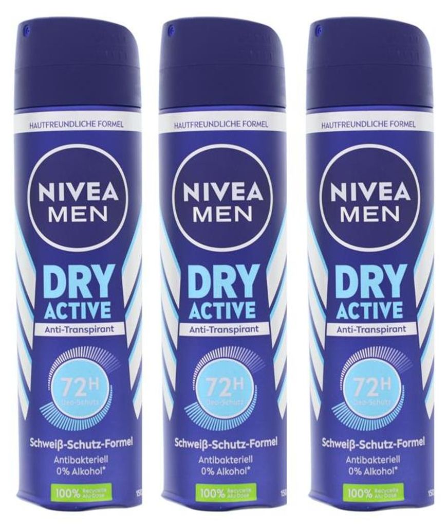 3 x NIVEA MEN Dry Active Anti Transpirant Deo Spray je 150ml effektives Anti Transpirant