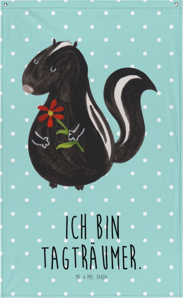 Mr. & Mrs. Panda Wandbild Stinktier Blume - Türkis Pastell - Geschenk, Dreams, Wandtuch, Stoff, Skunk, Wandteppich, Gobelin, Raubtier, Wildtier, T...