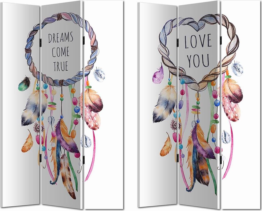 A four-panel room divider with dreamcatcher designs.