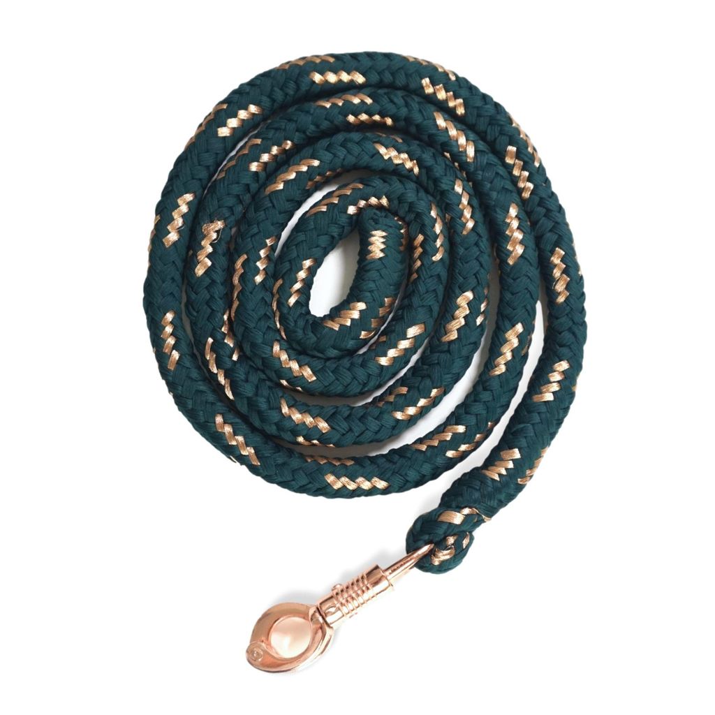 Führstrick Pferd mit Panikhaken dunkelgrün-rosegold Pferde Strick Länge 2m mit Glitzer