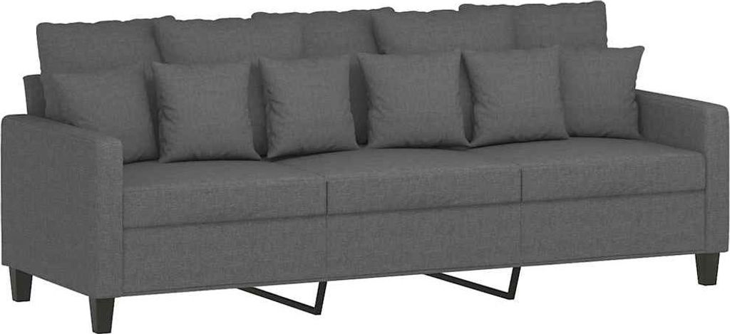 A dark gray three-seater sofa with multiple cushions, shown from a front-side angle against a white background.