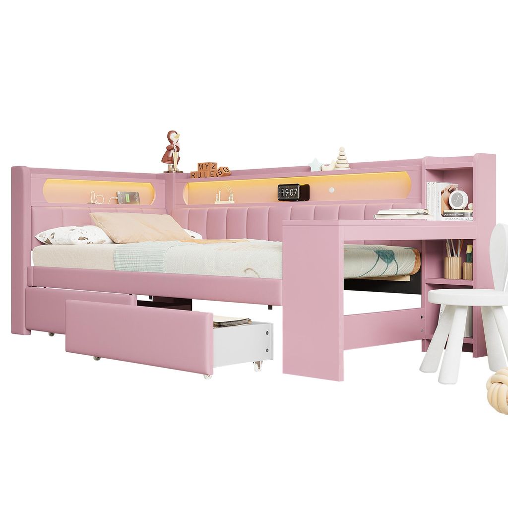 Stauraumbett mit gepolstertem Kopfteil, Schreibtisch und LED-Beleuchtung, 90x200cm, Lattenrost, Regal, Schubladen, USB und Type-C, Einzelbett