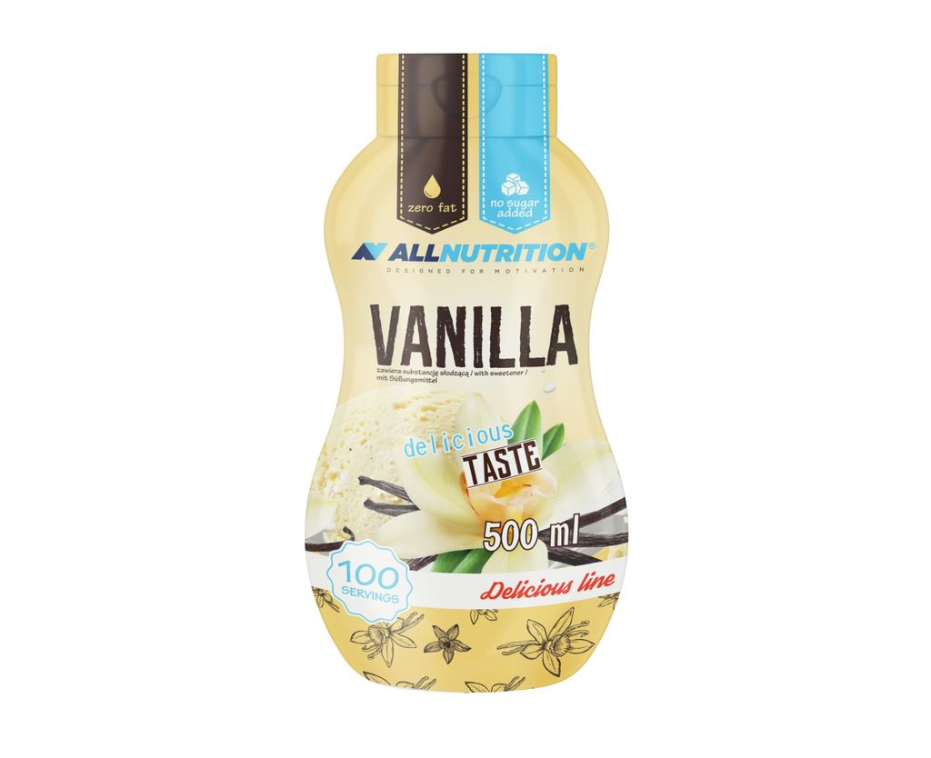 A bottle of vanilla-flavored sauce on a white background.