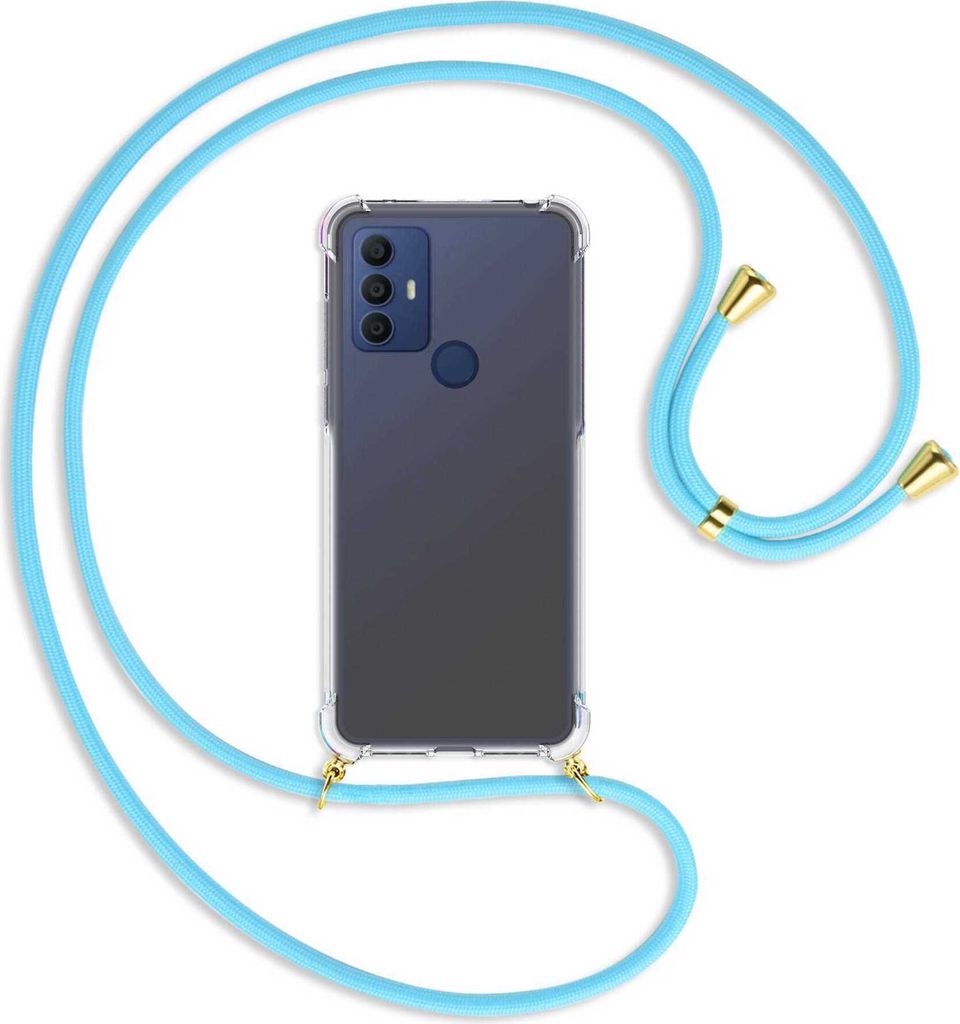 Handykette Backcover-Schutzhülle mit Band (Metall goldfarben) für TCL 30 SE, TCL 305, TCL 306 - himmelblau