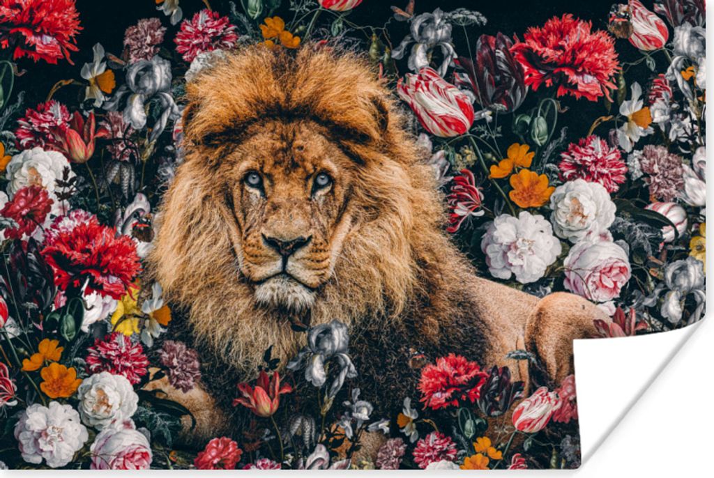 MuchoWow® Poster Löwen - Blumen - Farbe 90x60 cm - Produktbild 