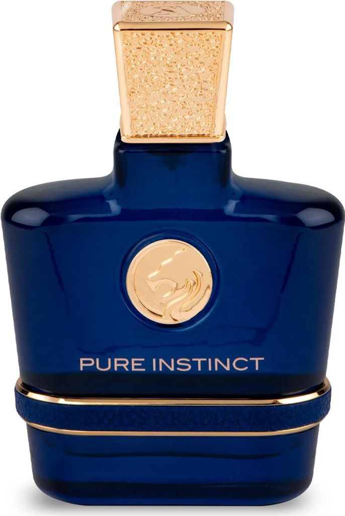 A close-up studio shot of a blue and gold perfume bottle.