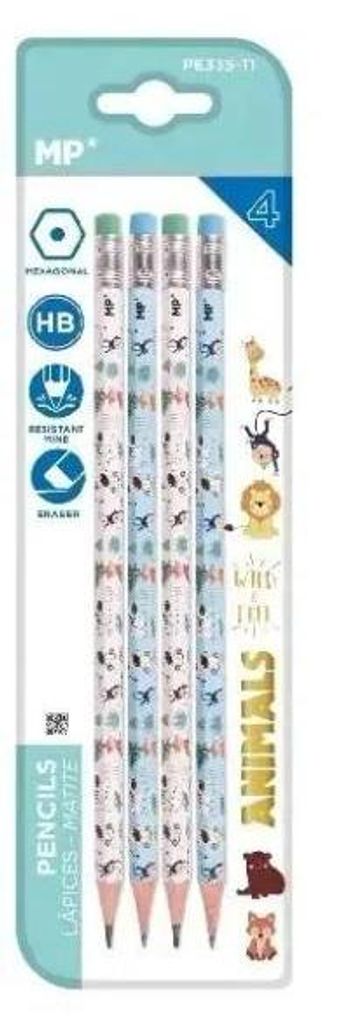 Bleistift mit Radiergummi HB Tiere, 4er-Pack – MP Main Paper