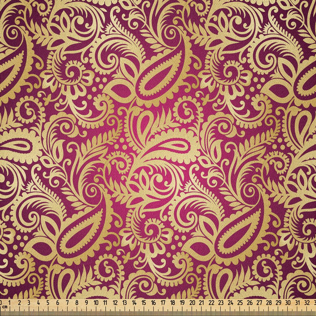 ABAKUHAUS Gelbes Damast Microfaser Stoff als Meterware , Ost-orientalische Art-Hand gezeichnetes wiederholendes Paisley-Blatt-Muster, 5 M (230 x 50...