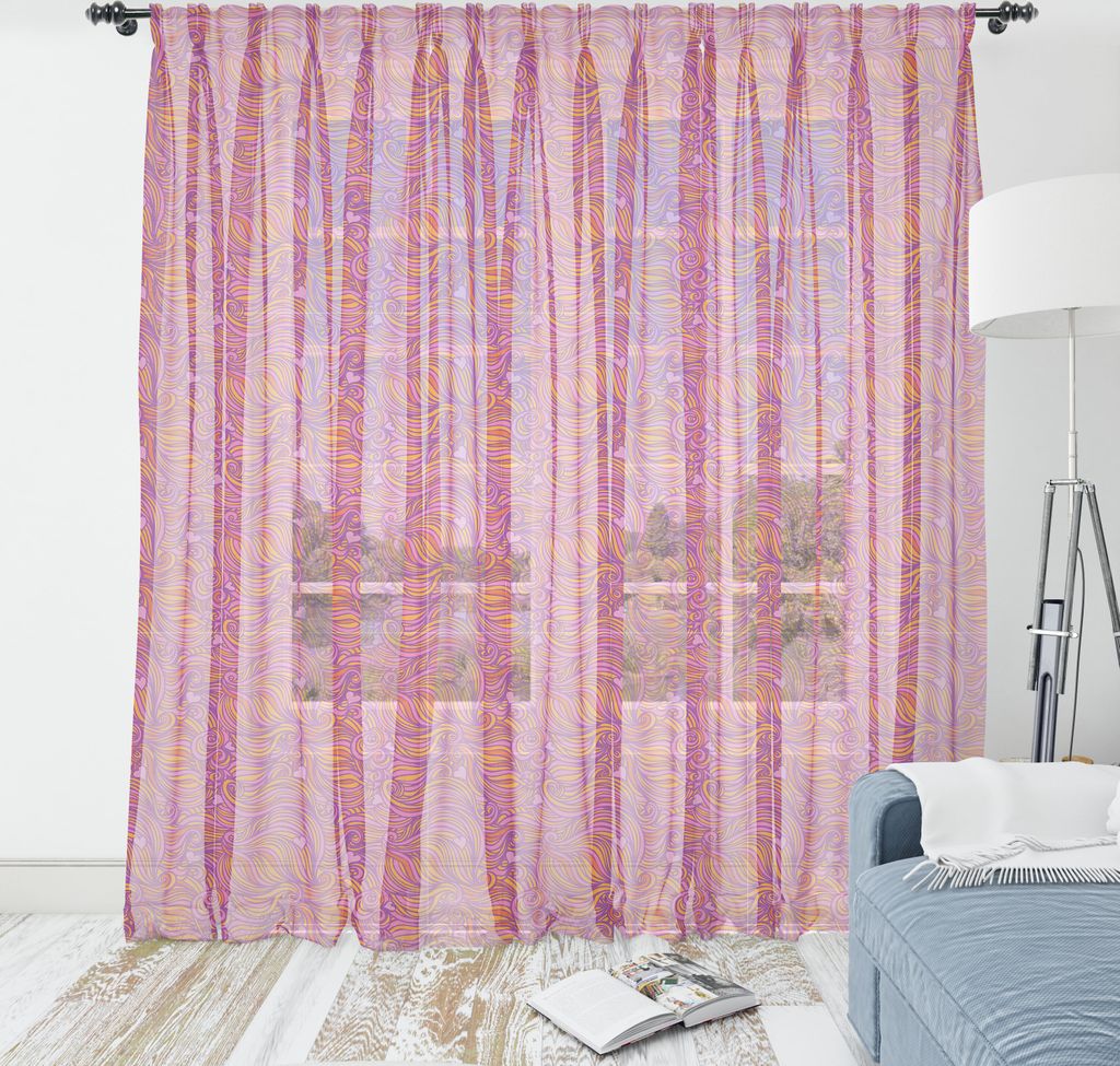 ABAKUHAUS Gelb und Lila Wandteppich, Funky Hand gezeichneter Strudel und Herz-Muster, Wohnzimmer Schlafzimmer seidiges Satin Wandtuch, 135 cm x 274...
