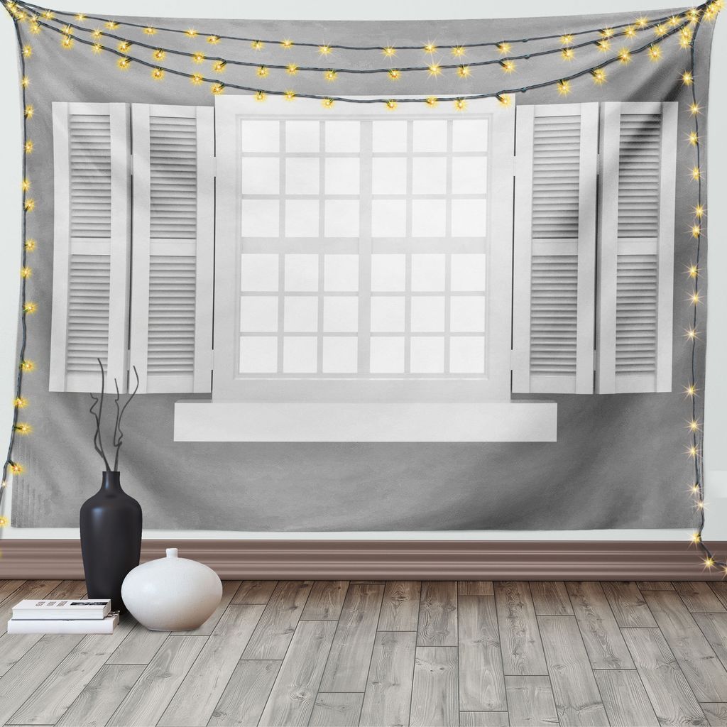 ABAKUHAUS Antiquität Wandteppich, Fensterläden aus Holz, Wohnzimmer Schlafzimmer Heim Seidiges Satin Wandteppich, 200 x 150 cm, Weiß Grau