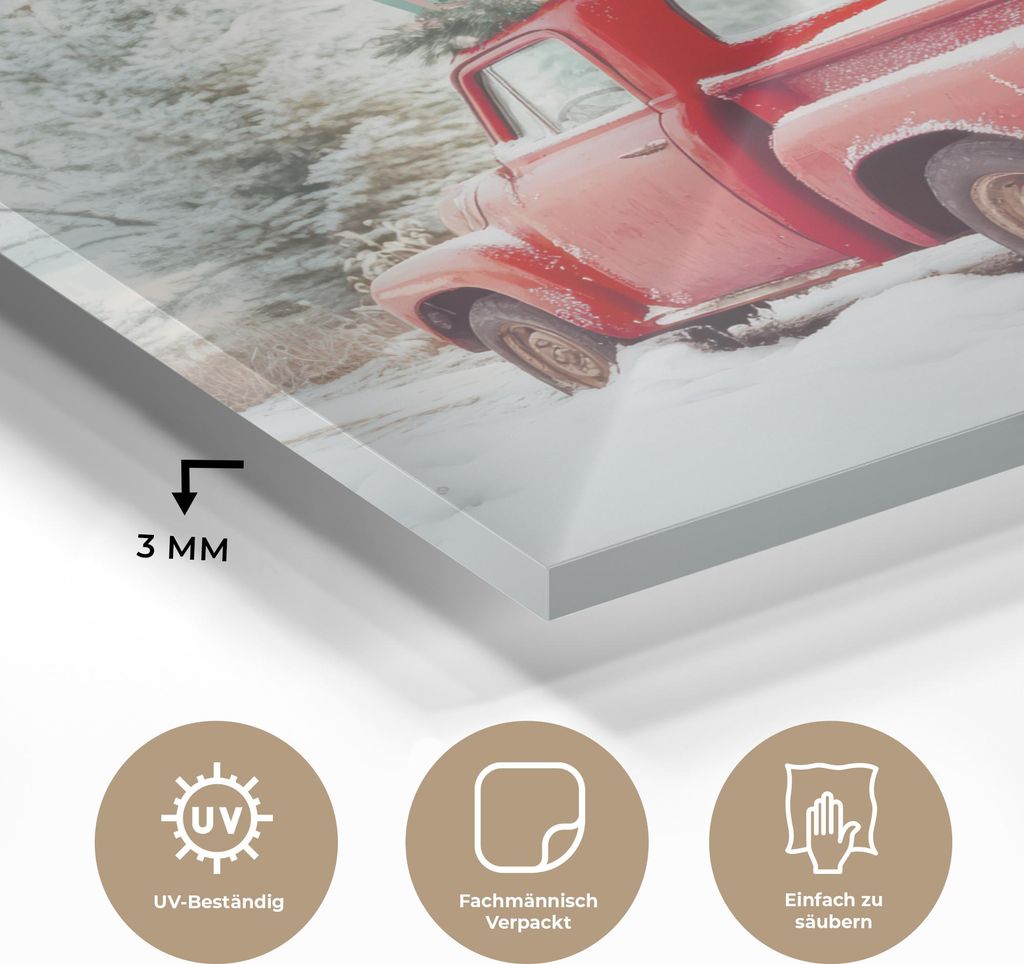 MuchoWow Glasbilder - Bilder auf Wandbild - Foto auf Glas Auto - Rot - Geschenke - Winter - Schnee - Weihnachten 50x50 cm Wanddekoration aus Glas -...