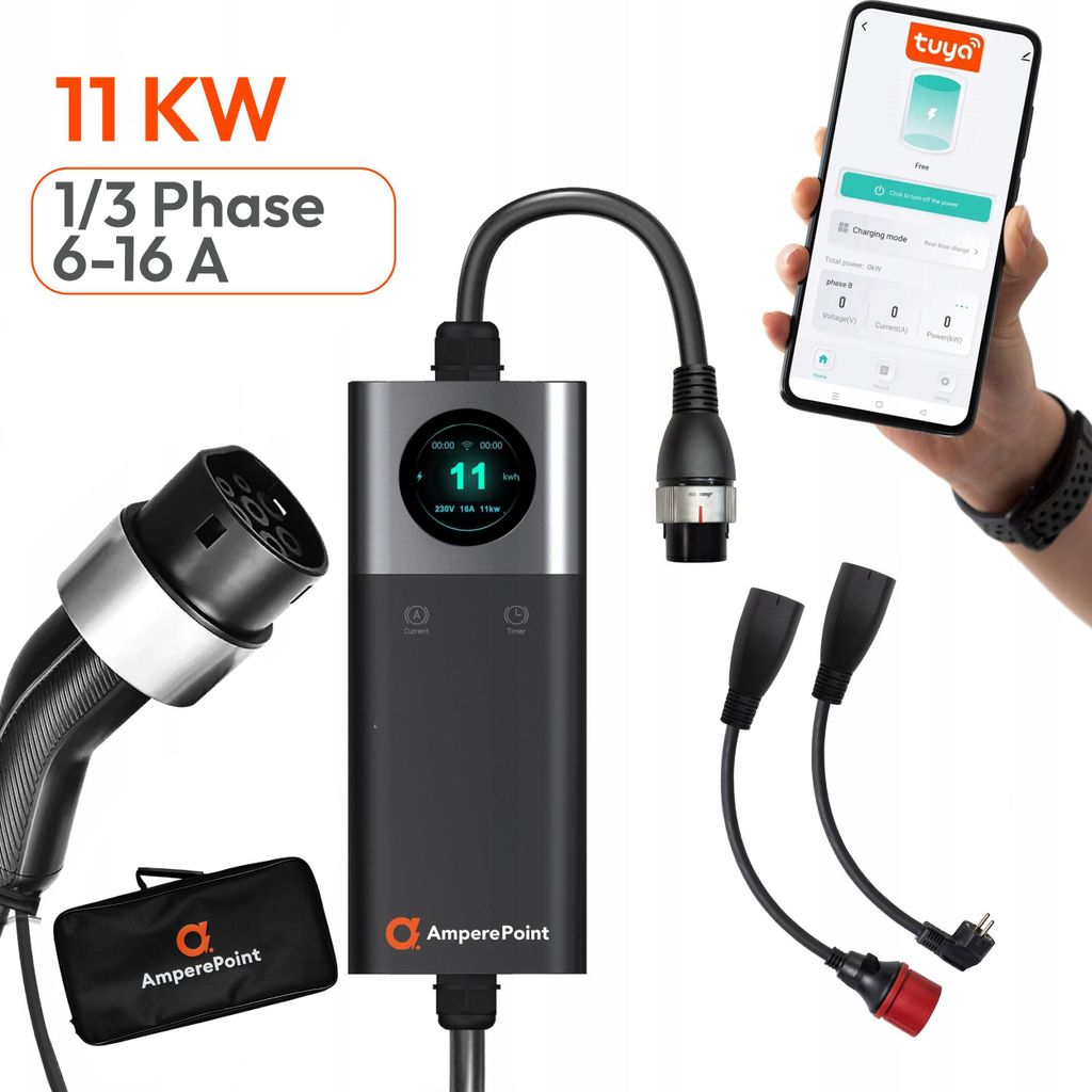 EV Ladekabel Typ 2 16A 11 kW EV-Ladegerät mit Schuko-Stecker, 7,5M, mobile Wallbox für Elektrofahrzeuge mit WIFI/APP + Adapter für Schuko und CE...
