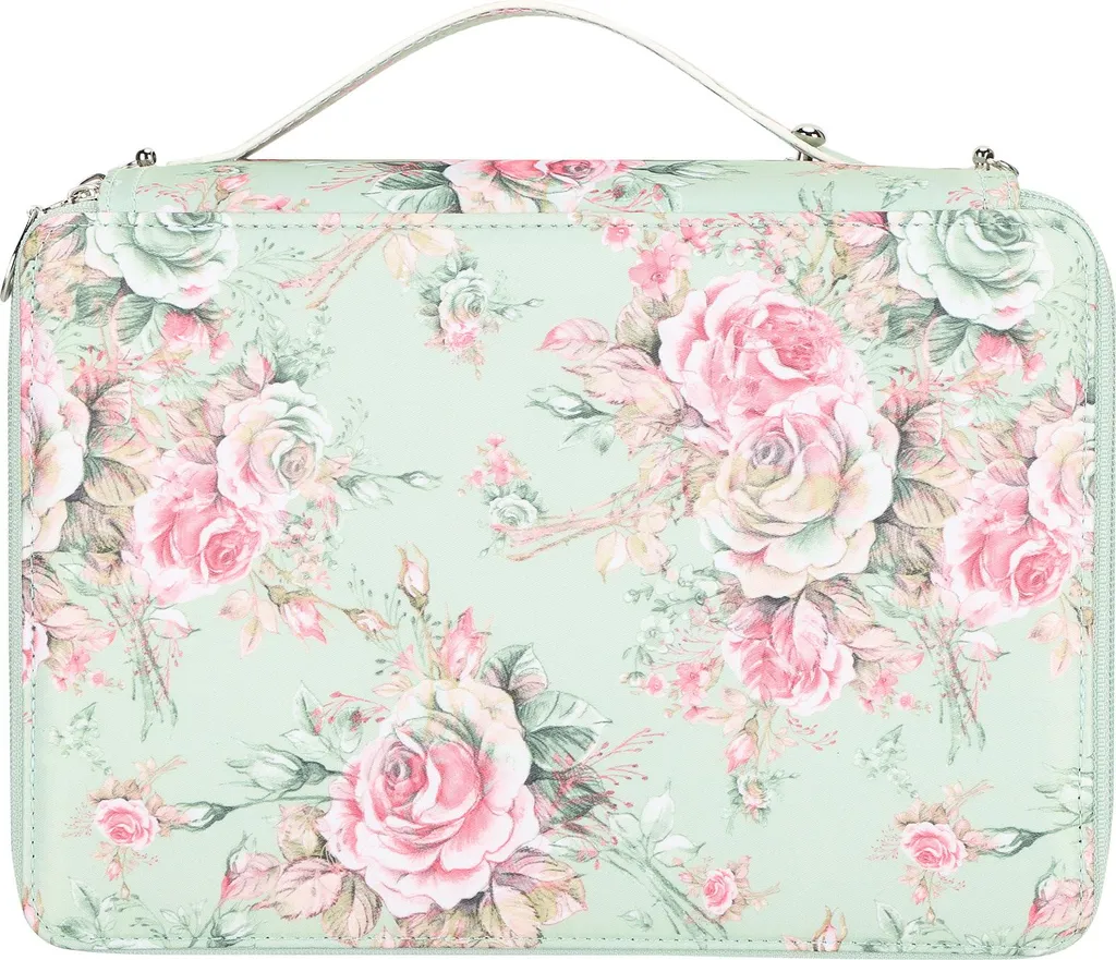 Trousse à crayons 252 slots vert avec zip multicouche et motif de roses