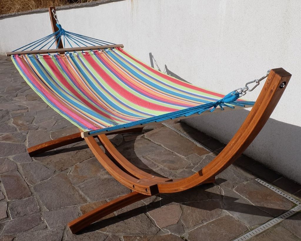 ALEOS Hängematte Mit Gestell 350cm - Bunte Tuchhängematte Mit Holzgestell Aus Lärche