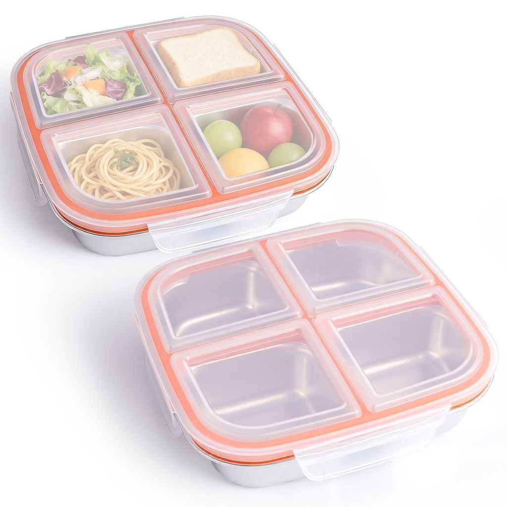 2-teiliges Edelstahl-Snackbox-Set mit Fächern, wiederverwendbare Snackbox mit 4 Fächern, verhindert Geruchsübertragung, auslaufsichere Bento-Box...