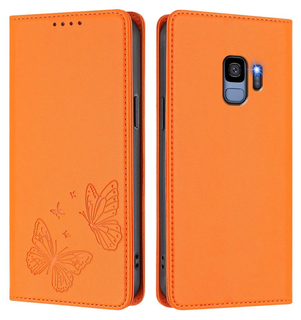 Lederhülle für Samsung Galaxy S9, Schmetterling Prägung Leder Brieftasche Schutzhülle mit Ständer Orange