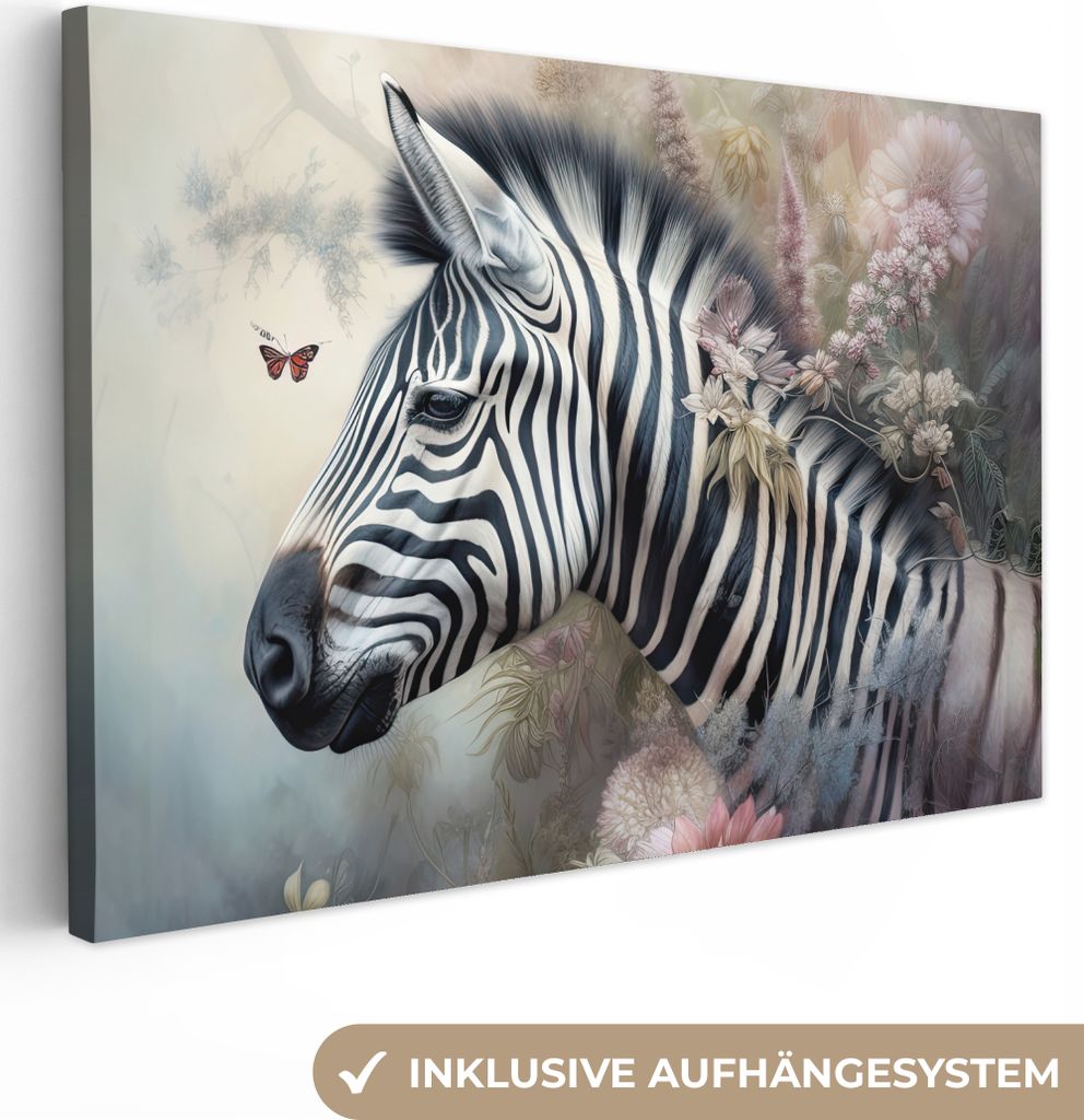 MuchoWow - Leinwandbilder - Zebra - Wilde Tiere - Schmetterling - Blumen, Wandbild, Wanddeko Bilder Wohnzimmer, 60x40 cm
