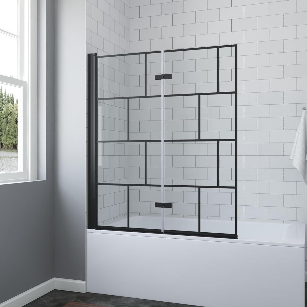Badewannenaufsatz ohne bohren Schwarz matt Kariert 120 x 140 cm, Duschtrennwand für Badewanne Duschwand Glas aus 5 mm ESG glas , mit Nano Beschich...