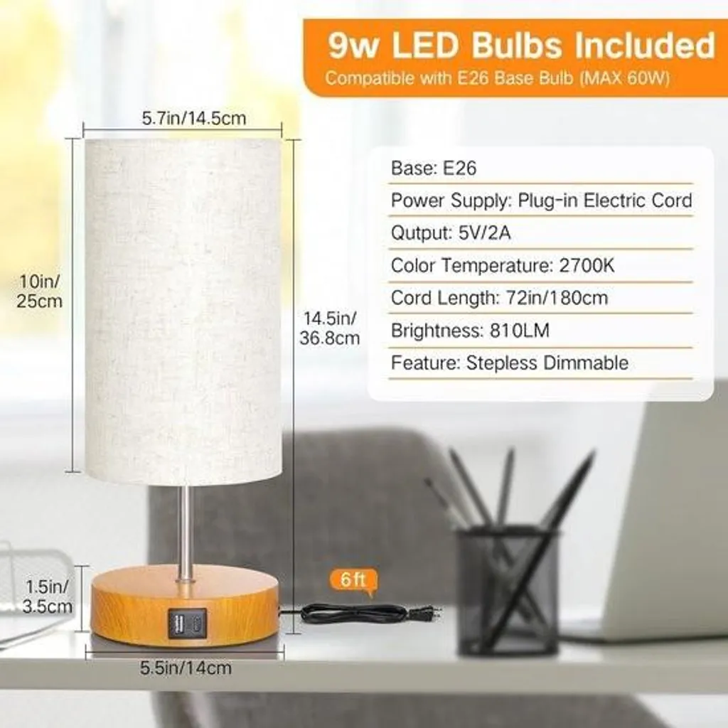 Petite lampe de table pour salon et chambre avec ports chargeur USB