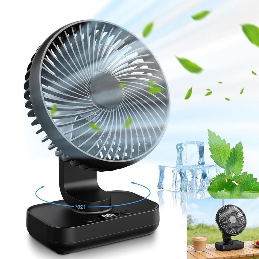 Mini-Tischventilator, Mini Ventilator Wiederaufladbar, 5 Stufen, LED Display, 3600mAh, Automatisch Schwenkbar, 36dB Leise, Tischlüfter