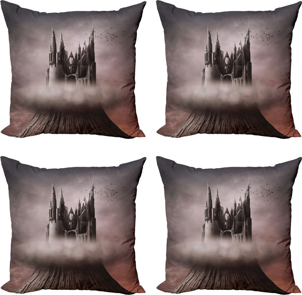 ABAKUHAUS Fantasie Kissenbezug Set (4 Stück), Schloss Wolken, Moderner Doppelseitiger Digitaldruck, 60 cm x 60 cm, Grau Braun Pale Coral