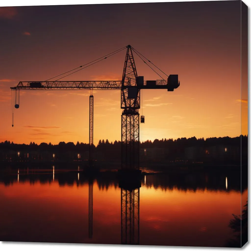 Wall Art Urbana 100x100: Tramonto Porto e Gru in Acciaio