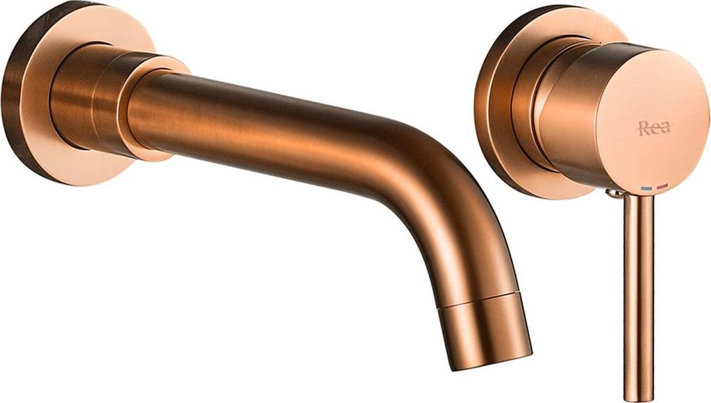 A wall-mounted copper faucet and its control handle against a white background.