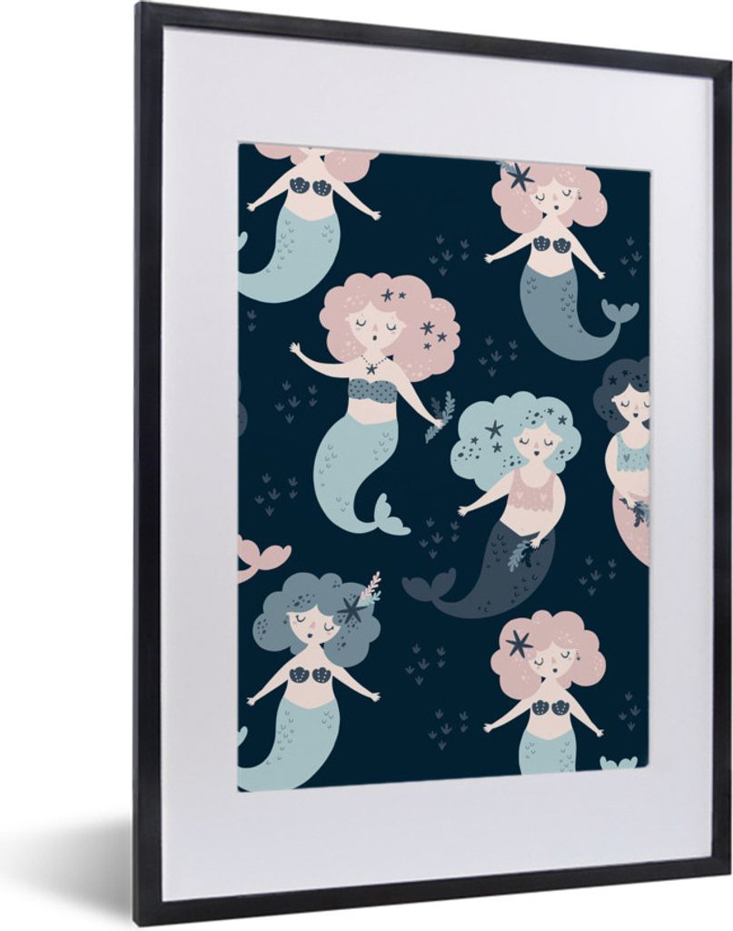MuchoWow MuchoWow Gerahmtes Poster Meerjungfrau - Schnittmuster - Kind - Mädchen - Baby - Kinder 30x40 cm - Poster mit zchwarzem Bilderrahmen ...