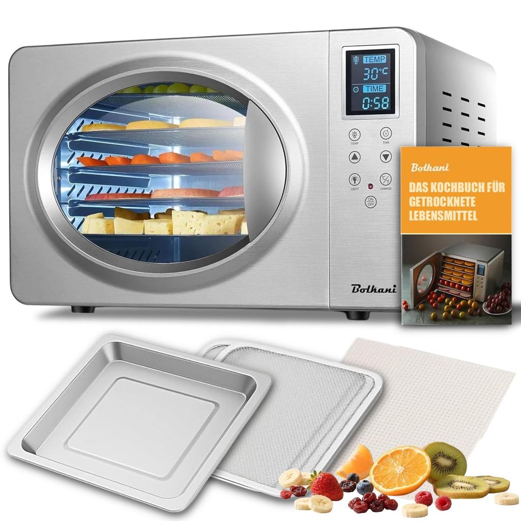 Dörrautomat mit 6 Edelstahl-Dörrgitter - Dörrgerät, 500W mit Timer & Temperaturregler 20–90°C, Dehydrator für trocknen von Obst Gemüse Fle...