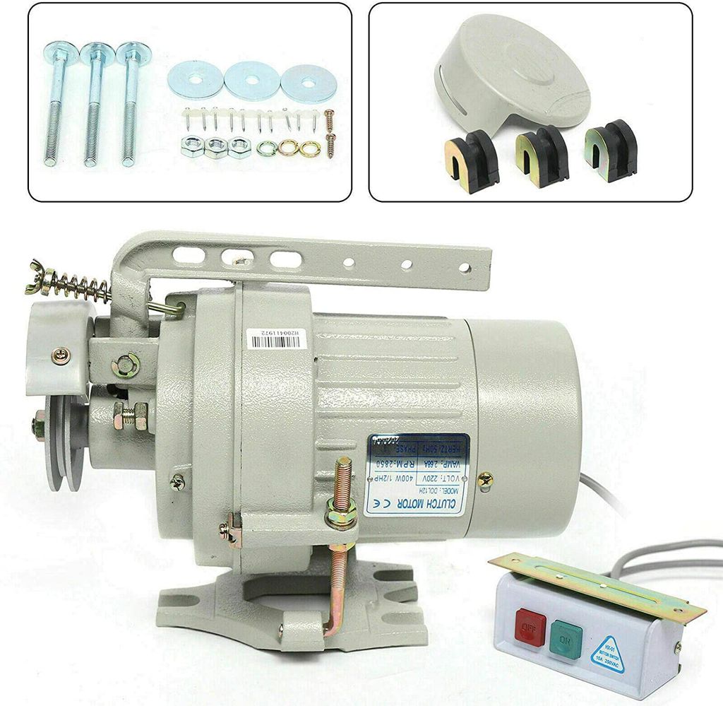 A sewing machine motor and its accessories are displayed against a white background.