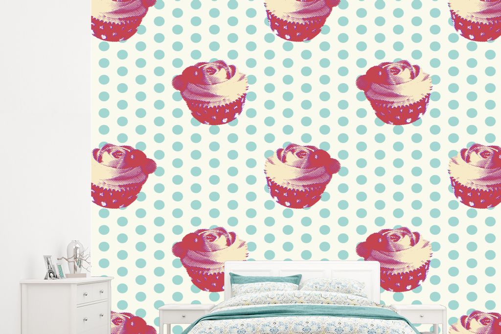MuchoWow Fototapete für Wohnzimmer oder Schlafzimmer Wandtapete Vinyl Motivtapete Muster - Cupcake - Lebensmittel - 245x220 cm - Gemustert