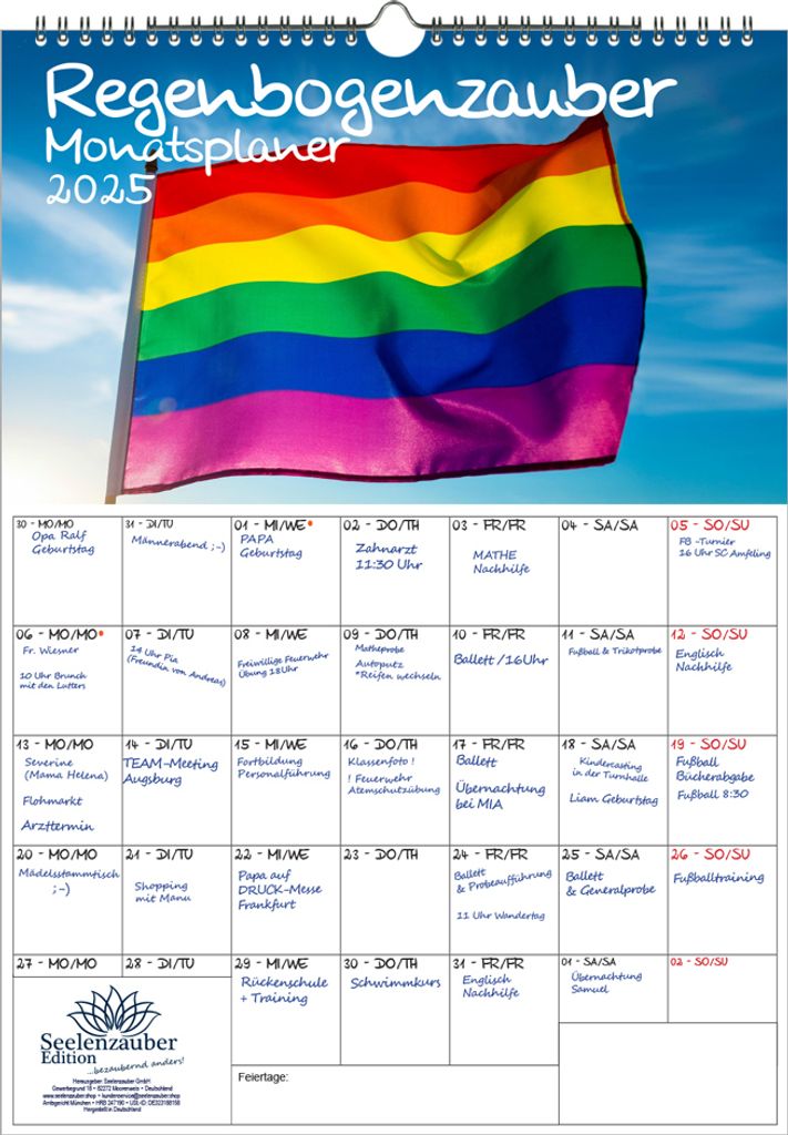 Regenbogenzauber Pride LBGTQIA+ Planer DIN A3 Kalender für 2025 - Seelenzauber