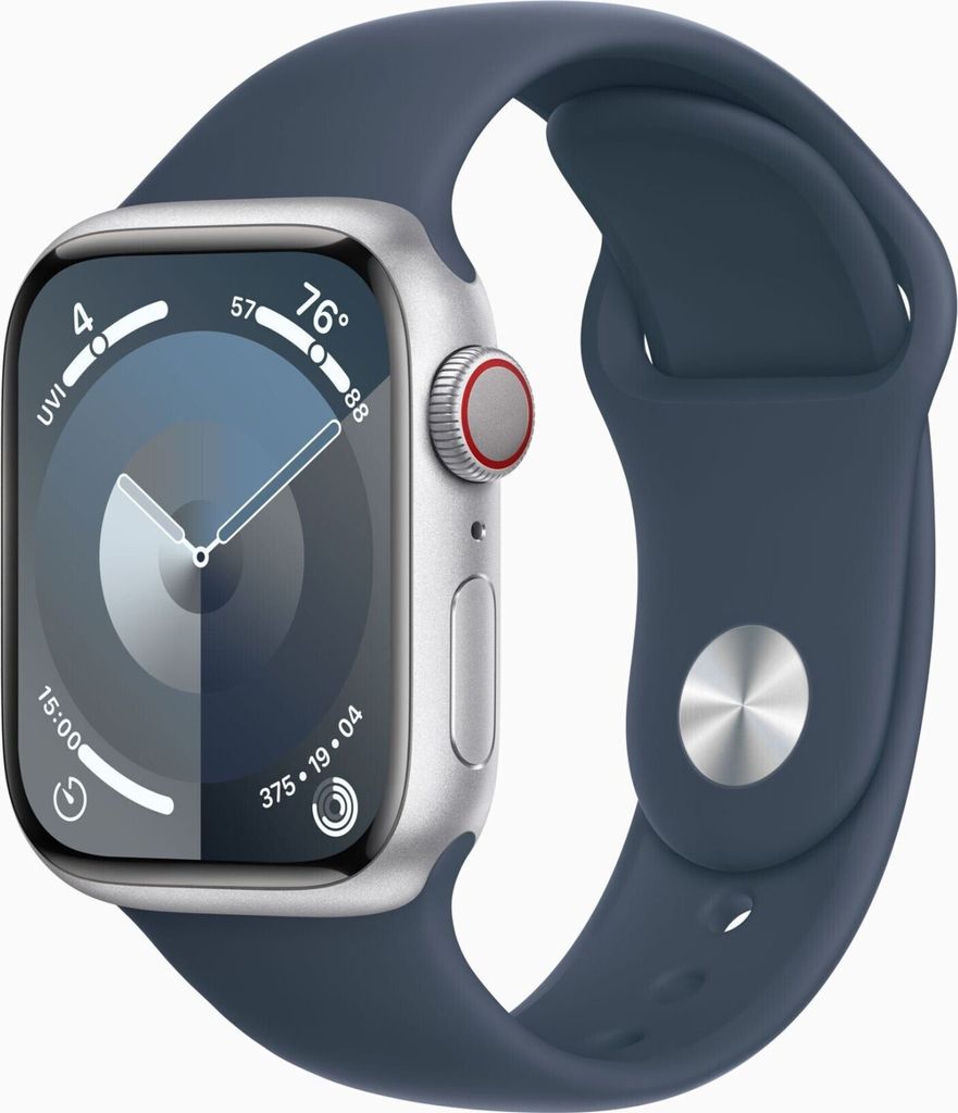 A close-up studio shot of an Apple Watch Series 9 with a blue sport band, displayed against a white background.