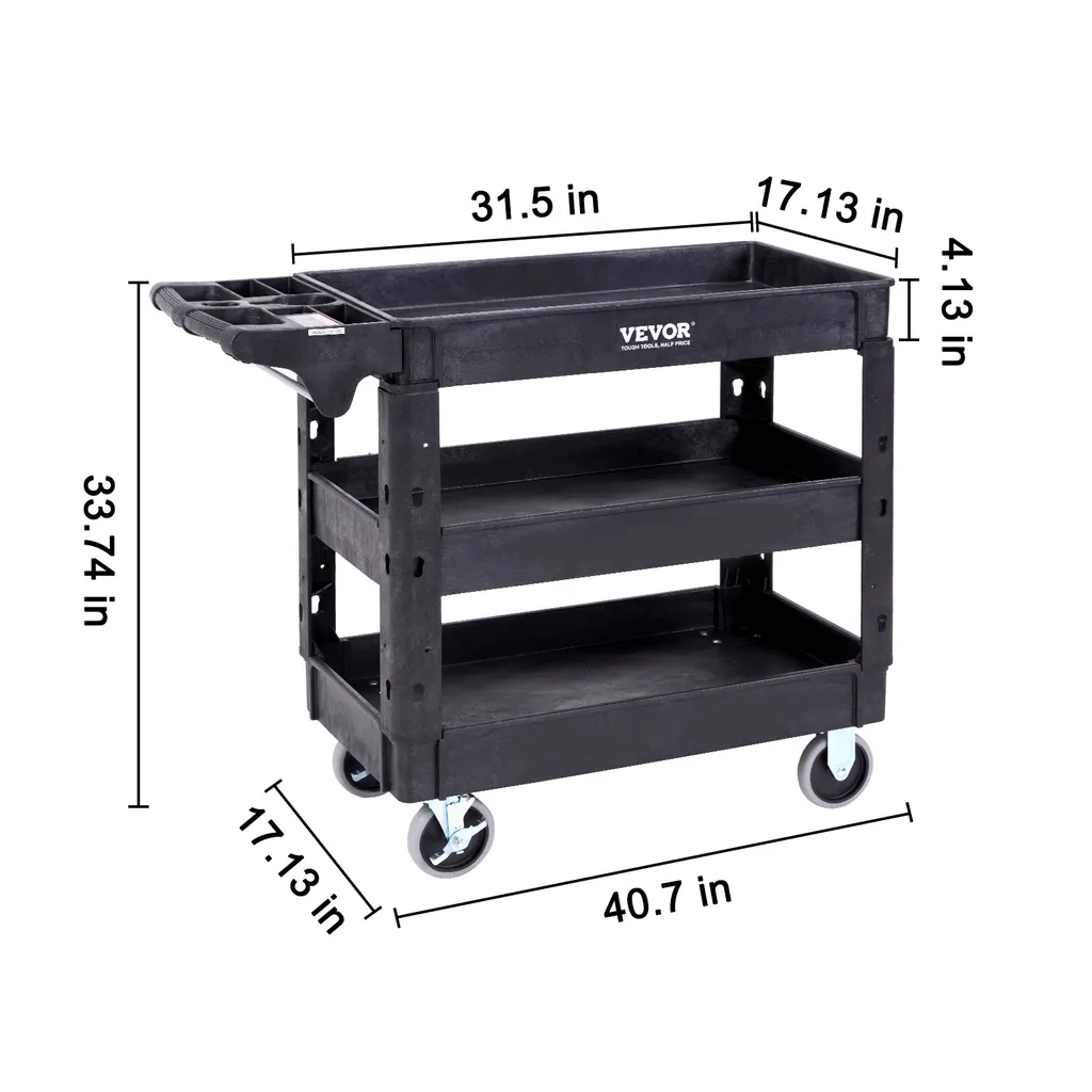 Carrello di servizio VEVOR 103x43,5x85,7cm Carrello di servizio Capacità di carico 249 kg Carrello in polipropilene Carrello multiuso con 3 scomparti Carrello da cucina con ruote piroettanti Carrello per nicchie Carrello per officina Carrello di servizio - 8