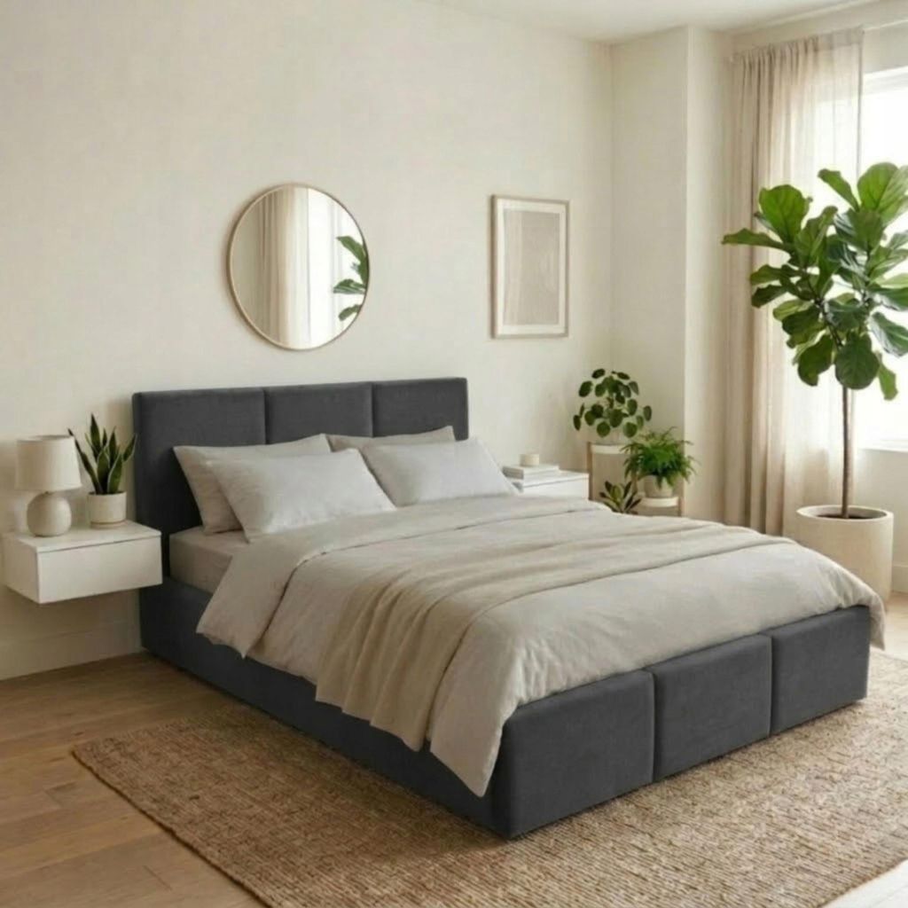 Komvortowy | Polsterbett 160x200 Cm | VELIS | Doppelbett Mit Metall-Lattenrost & Gasdruckfeder | DUNKELGRAU | Bettkasten Ohne Bodenplatte | Staurau...