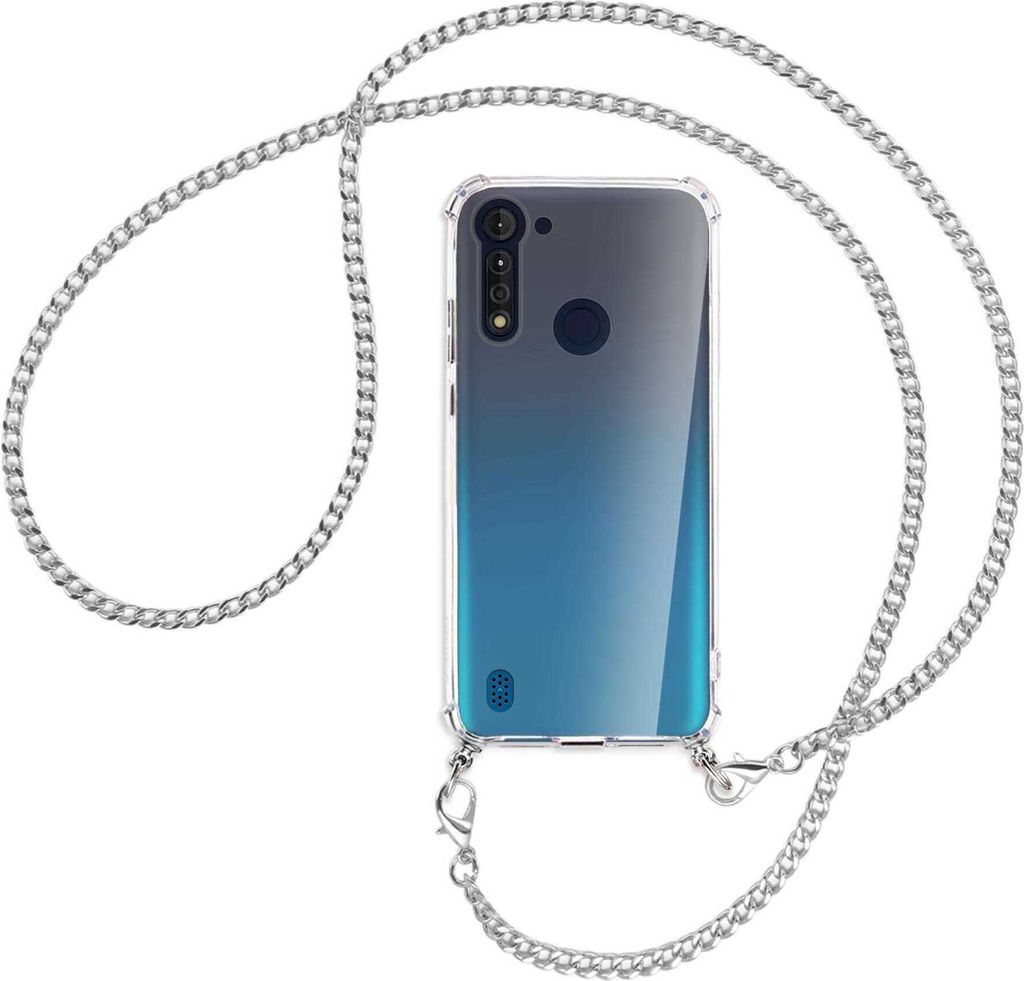 Handykette Backcover-Schutzhülle mit Band (Metall silberfarben) für Motorola Moto G8 Power Lite - silberfarbene Kette
