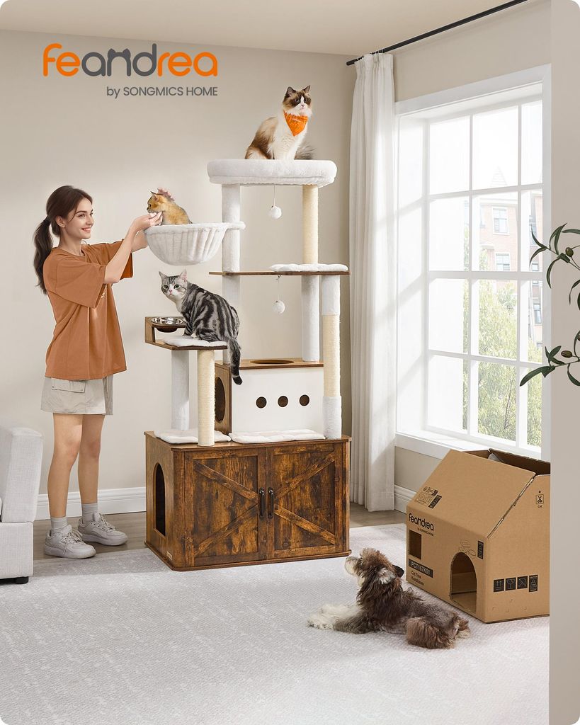 Feandrea Kratzbaum, Katzenklo-Schrank, erhöhte Fressnäpfe, Produktbild 